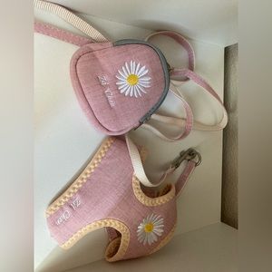 Dog harness and leash with small bag.